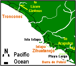 COASTAL MAP OF GUERRERO FROM BARRA DE POTOSI TO TRONCONES SHOWING ZIHUATANEJO AND IXTAPA ON THE PACIFIC COAST OF MEXICO.